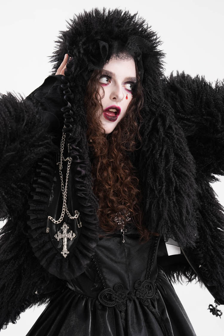 Black Long Sleeves Lace Hooded Zipper Chain Women's Gothic Jacket