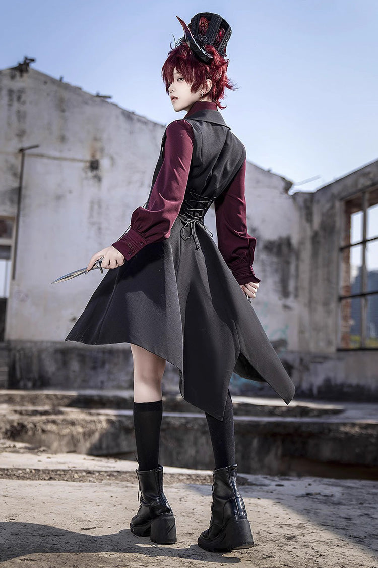 Black Lace-Up Slim Gothic Vintage Prince Ouji Lolita Long Vest