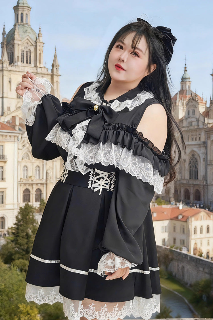 Black Off Shoulder Long Sleeves Ruffle Bowknot Lace Sweet Plus Size Princess Jirai Kei Skirt Blouse Set
