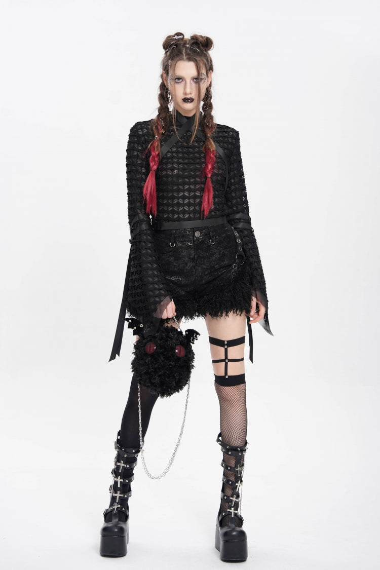 Black Plush Stitching Buckle Straps Women's Punk Shorts