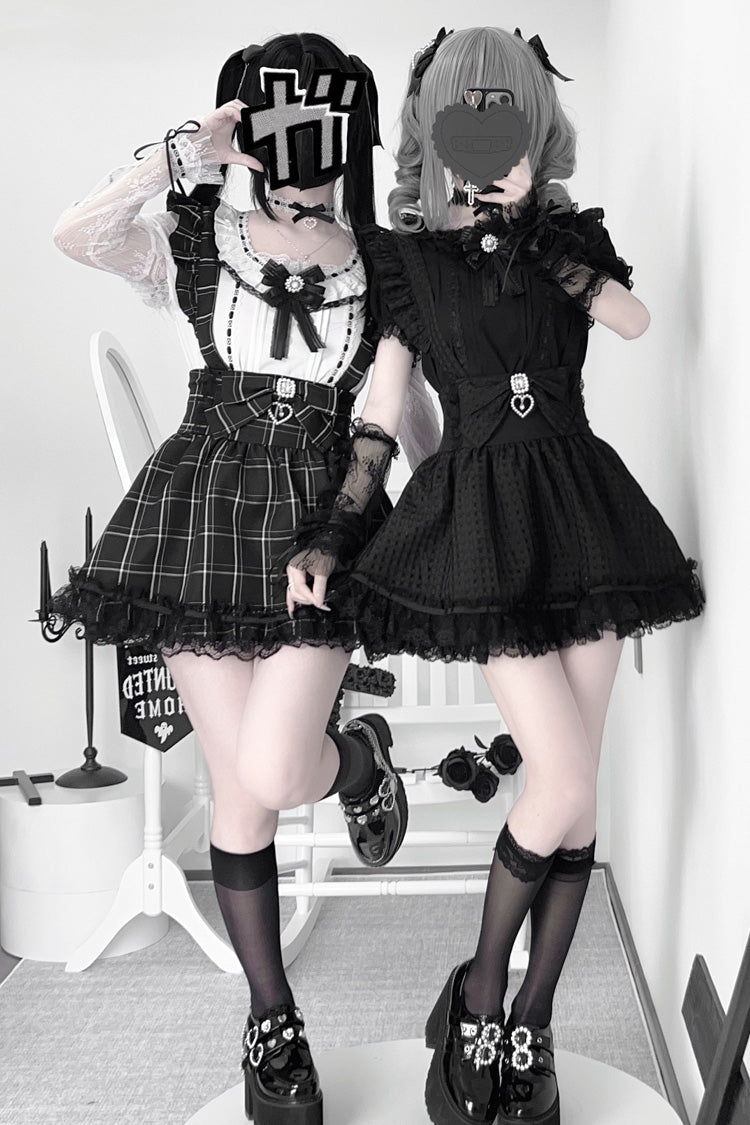 Black Plaid Print Ruffle Bowknot Lace Jirai Kei Japanese Skirt