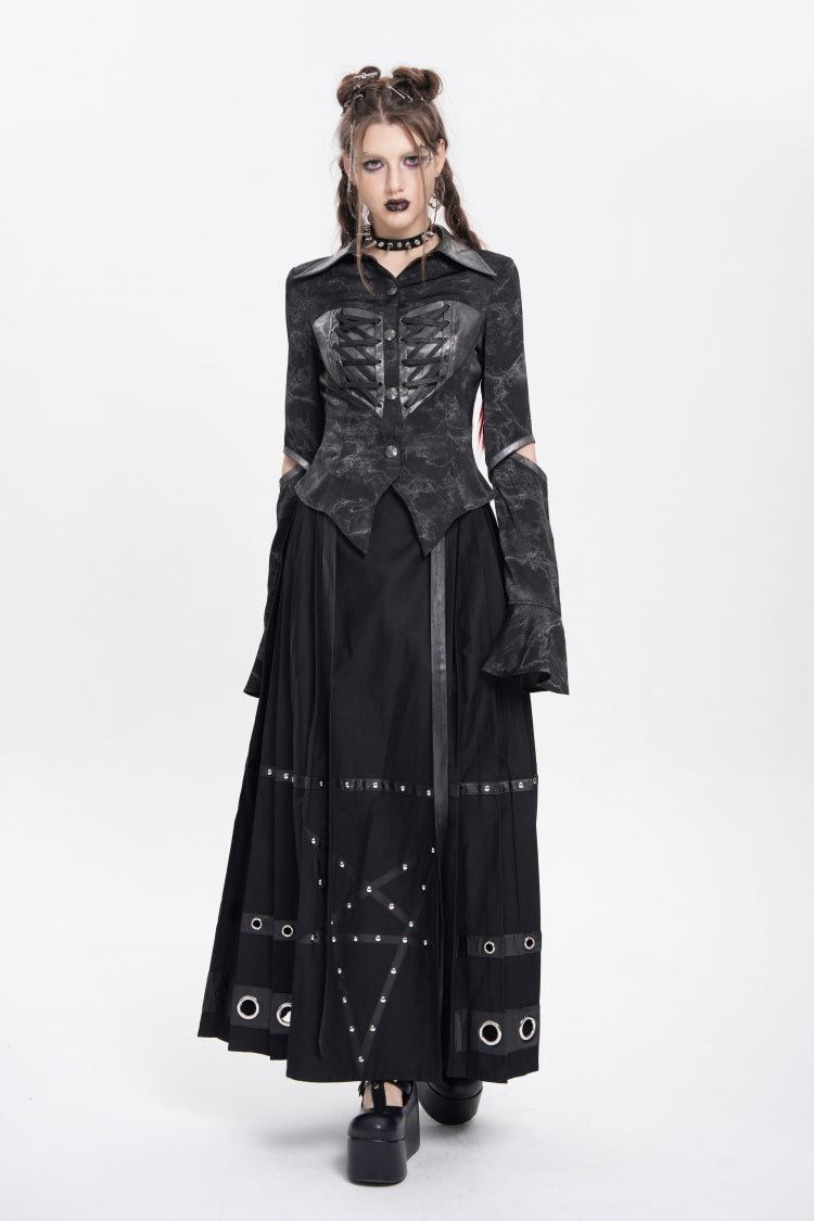 Black Lapel Collar Long Sleeves Print Lace-Up Cutout Women's Punk Blouse