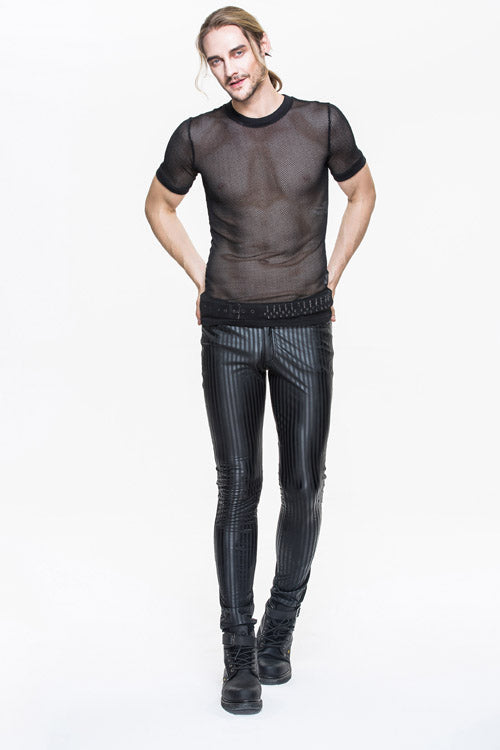 Black Autumn And Winter Vertical Stripes Elastic Punk Leather Mens Pants
