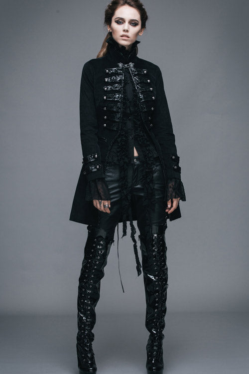 Black Floral Flocking Leather Loops Stand Collar Poncho Womens Gothic Coat