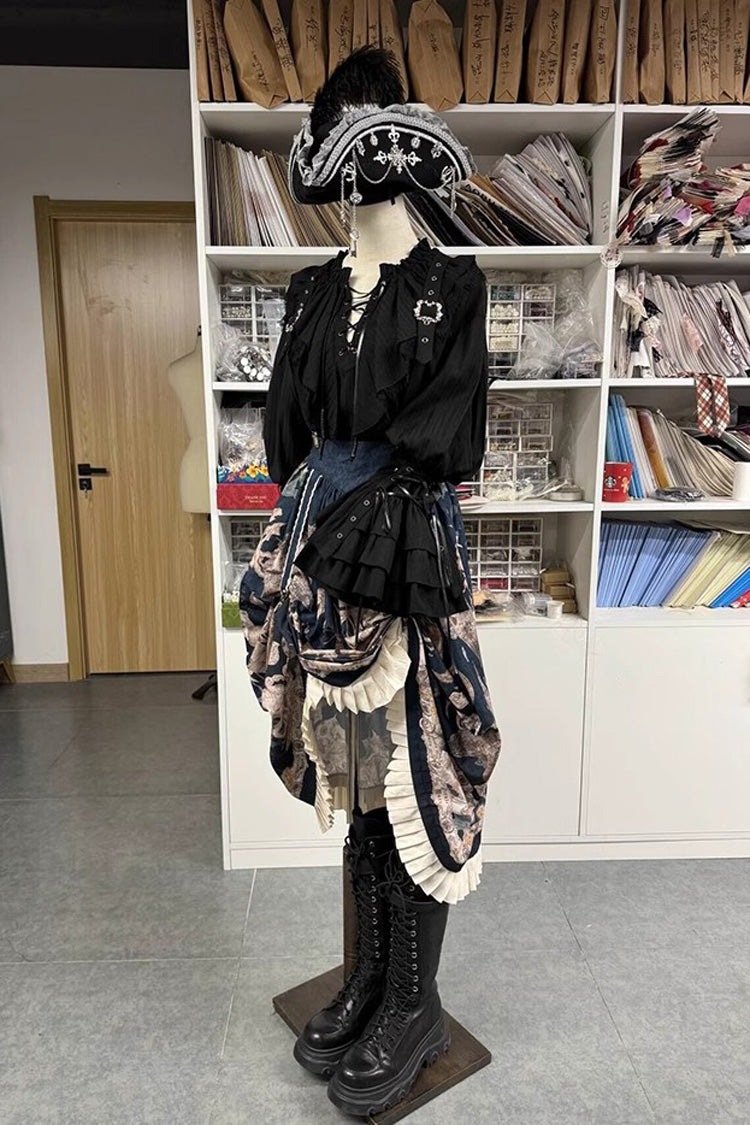Black Pirate Series Navigation Treasure Hunting Guide V Collar Long Hime Sleeves Ouji Lolita Blouse