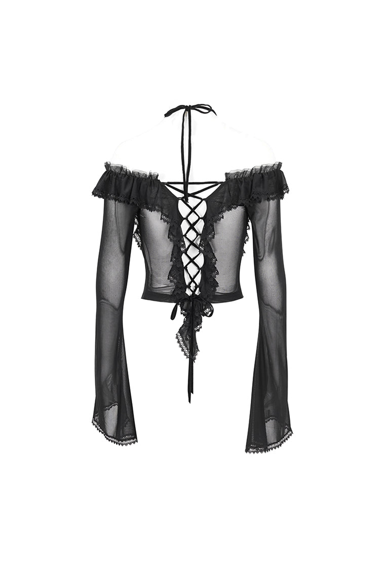 Black Lace Up Ruffled Trumpet Sleeves Mesh Women's Gothic Shirt
