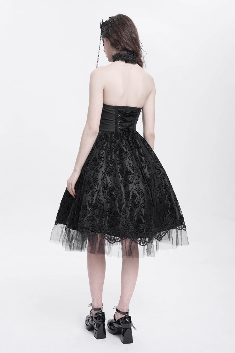 Black Halterneck Skeleton Print Embroidery Stitching Lace Women's Gothic Dress