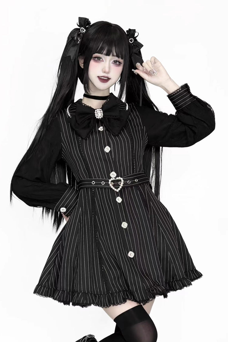 Black Long Sleeves Stripe Print Removable Cape Ruffle Lace Gothic Jirai Kei Elegant Dress