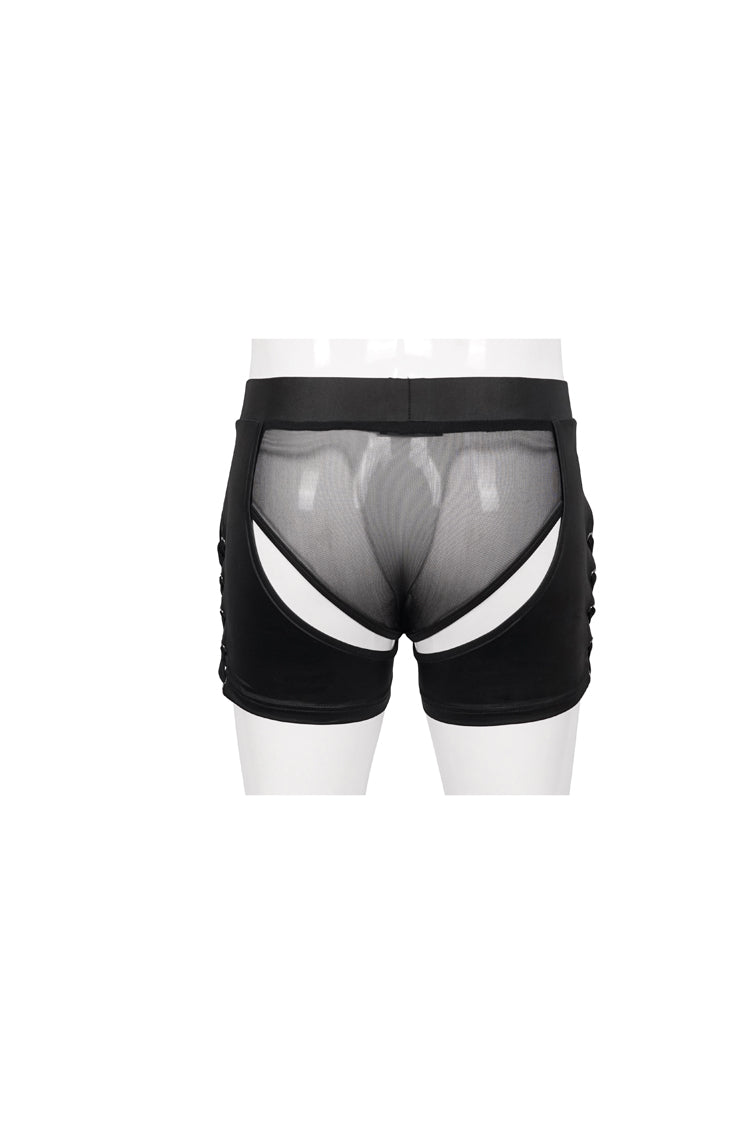 Black Knit Lace Up Perspective Sexy Slim Men's Punk Shorts