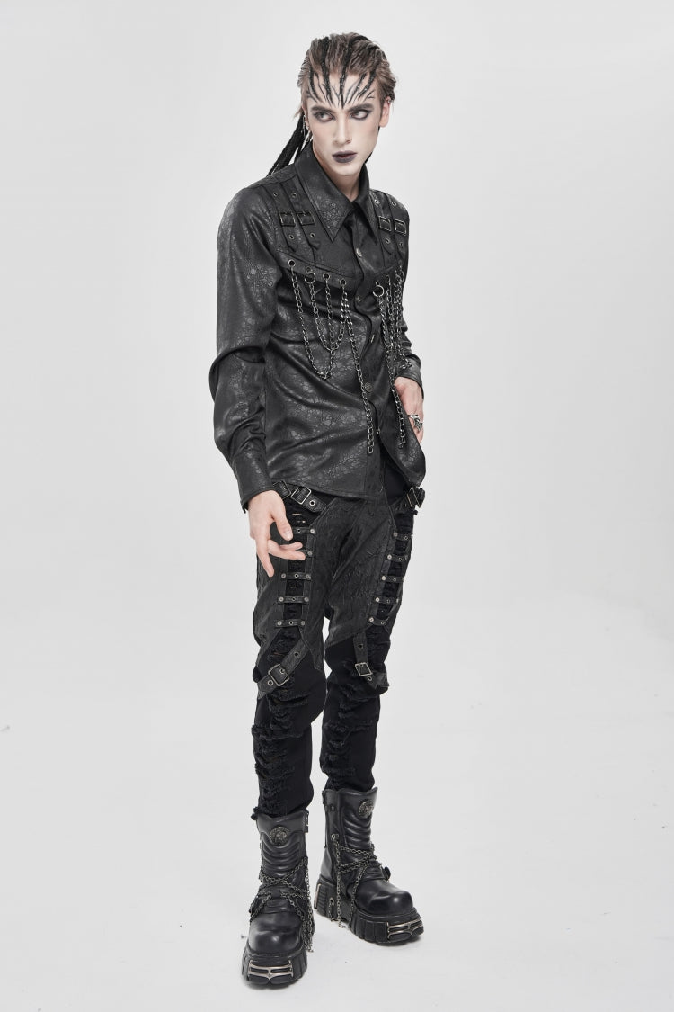 Black Lapel Collar Long Sleeves Buckled Strappy Chain-Decorated Men's Punk Shirt