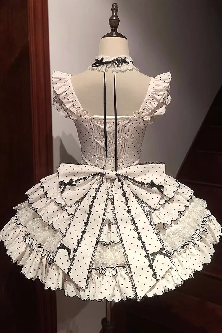 Beige Sleeveless Multi-Layered Polka Dots Printed Ruffled Bow Sweet Princess Lolita Jsk Dress