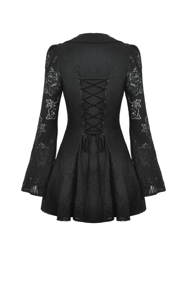 Black Long Trumpet Sleeves Embroidered Lace Lace-Up Women's Gothic Honeymoon Dress