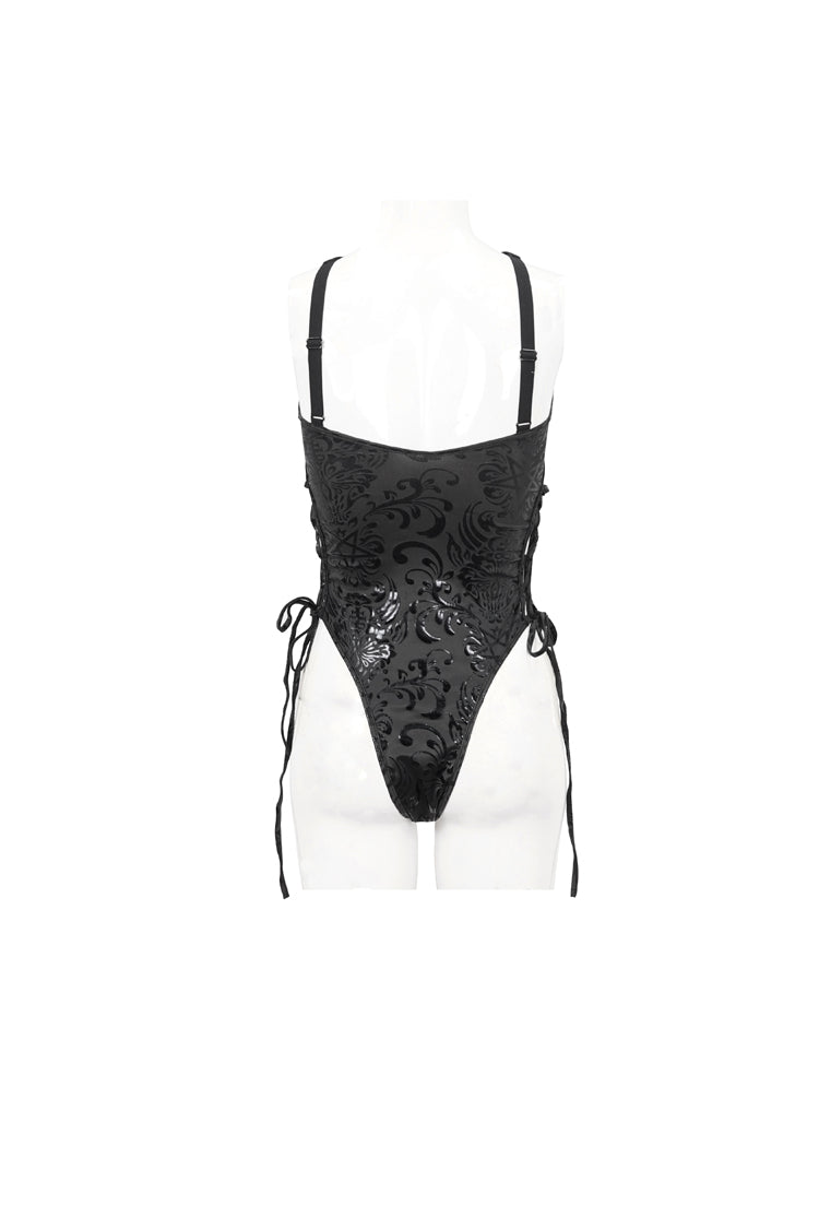 Black Pentagram Print Side Cutout Strap Women's Gothic One Piece Swimsuit
