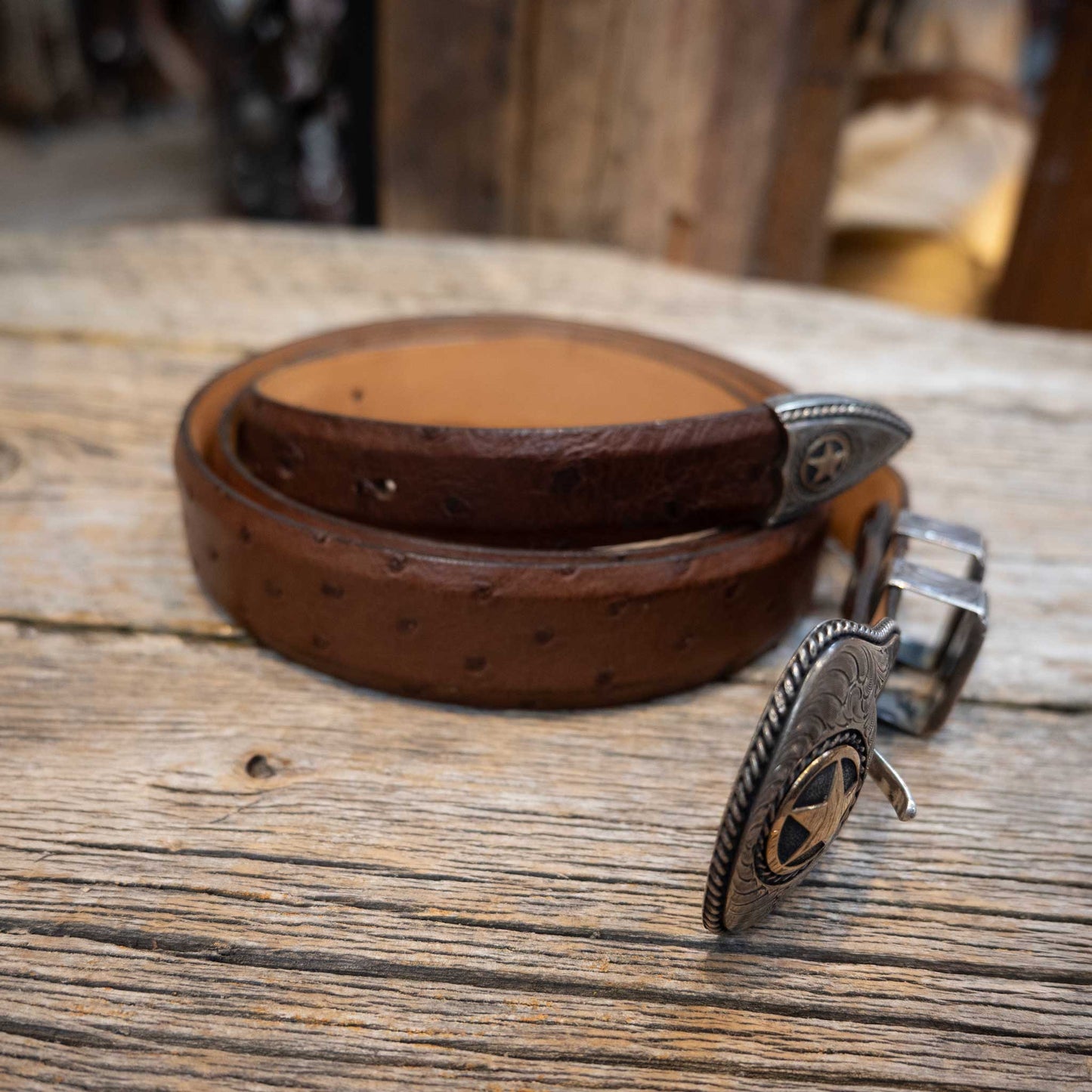 1990's 45" Antique Brown Ostrich Belt w/4pc Sterling Silver Buckle