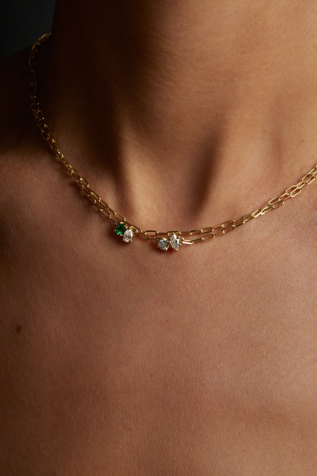 Pear Diamond and Oval Emerald Toi Et Moi Necklace | Yellow Gold