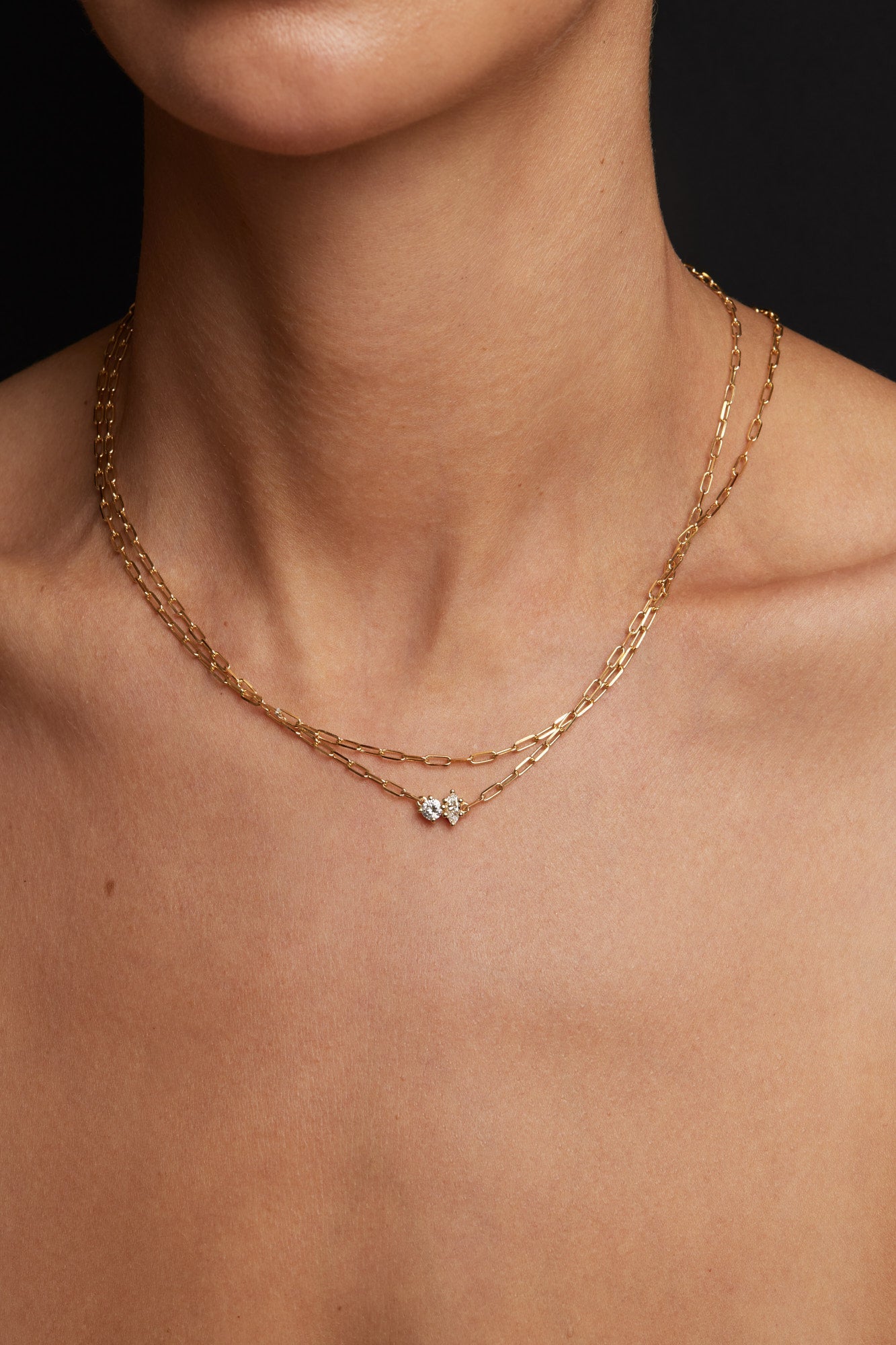 Marquise Diamond and Round Emerald Toi Et Moi Necklace | Yellow Gold