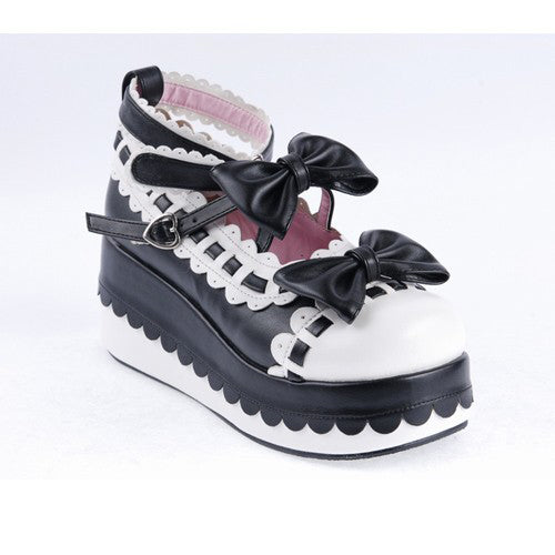 Black & White Romantic PU Round Toe Ankle Straps Bow Decoration Platform Lolita Shoes
