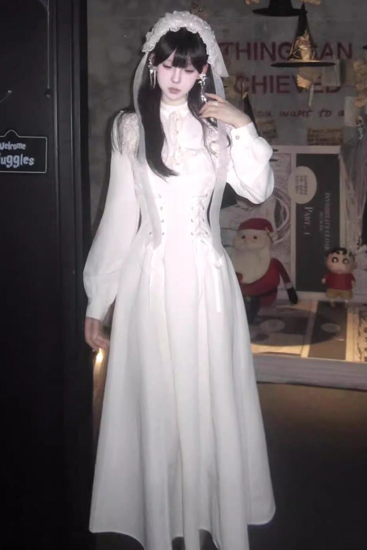 Apricot Stand Collar Long Sleeves Ruffled Lace-Up Mid-length Gothic Lolita Dress