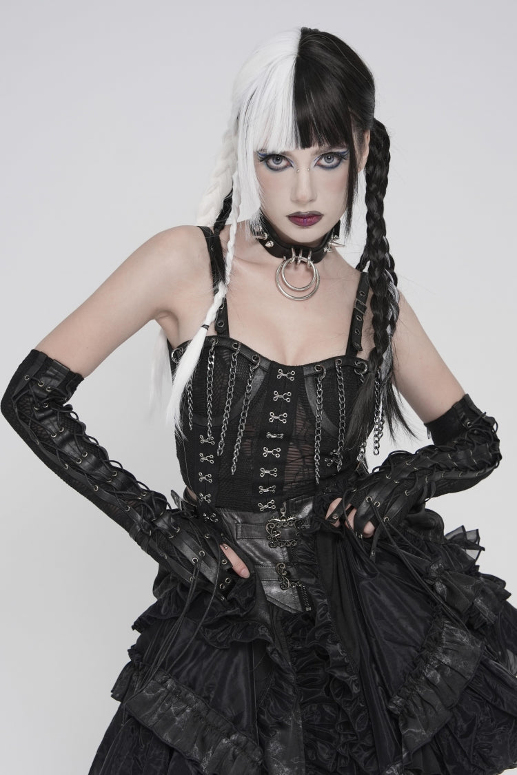 Black Off Shoulder Lace Lace-Up Slim Mesh Strappy Chain-Decorated Eyelet Women's Punk Corset