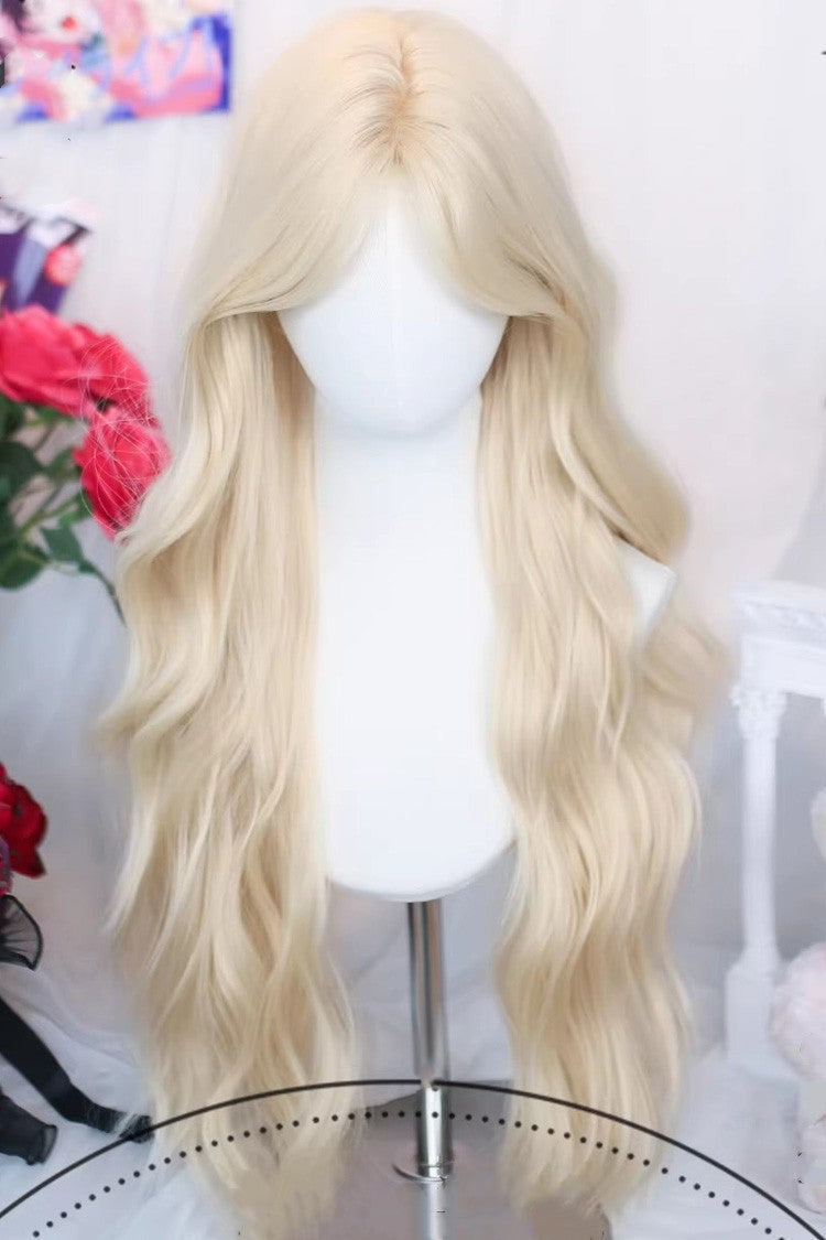 Beige Blonde Long Curly Sweet Lolita Wig Middle Part Curtain Bangs