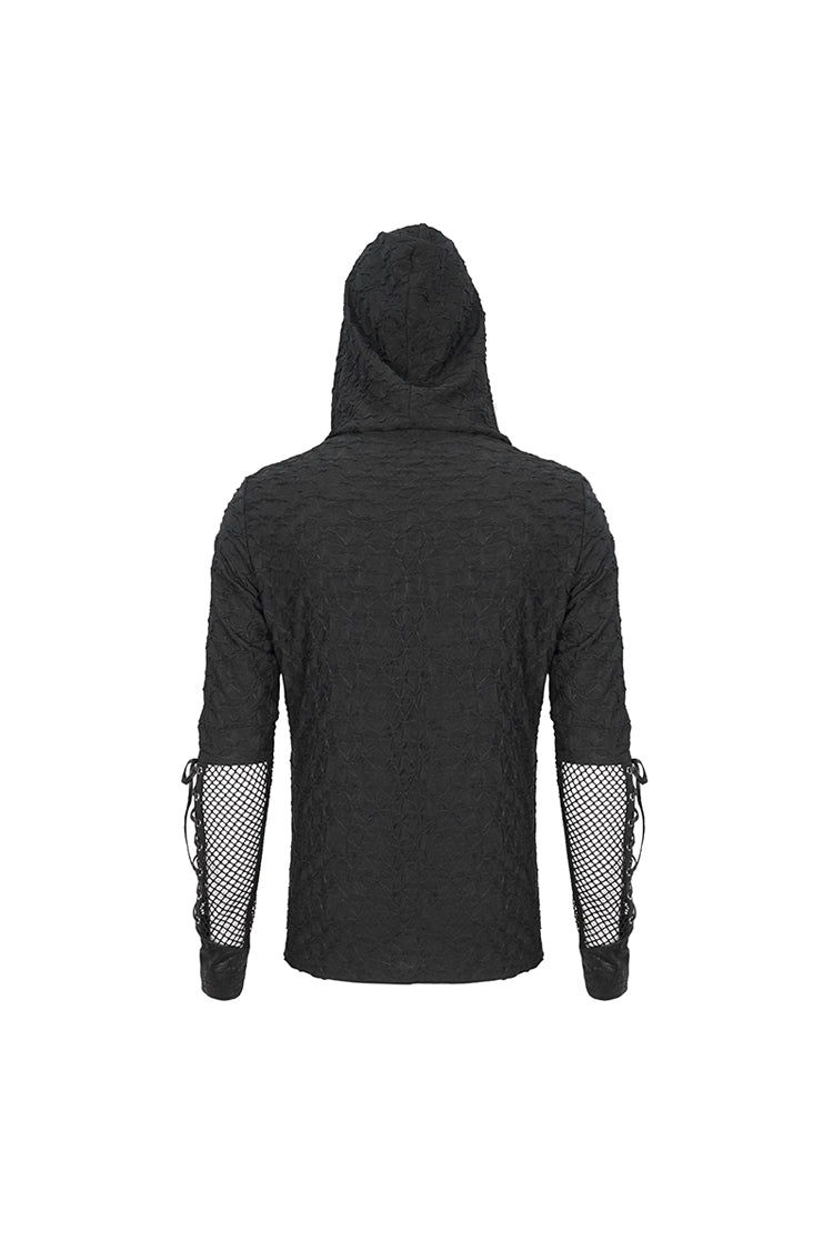 Black Lace Up Mesh Splice Long Sleeve Men's Punk Hoodies