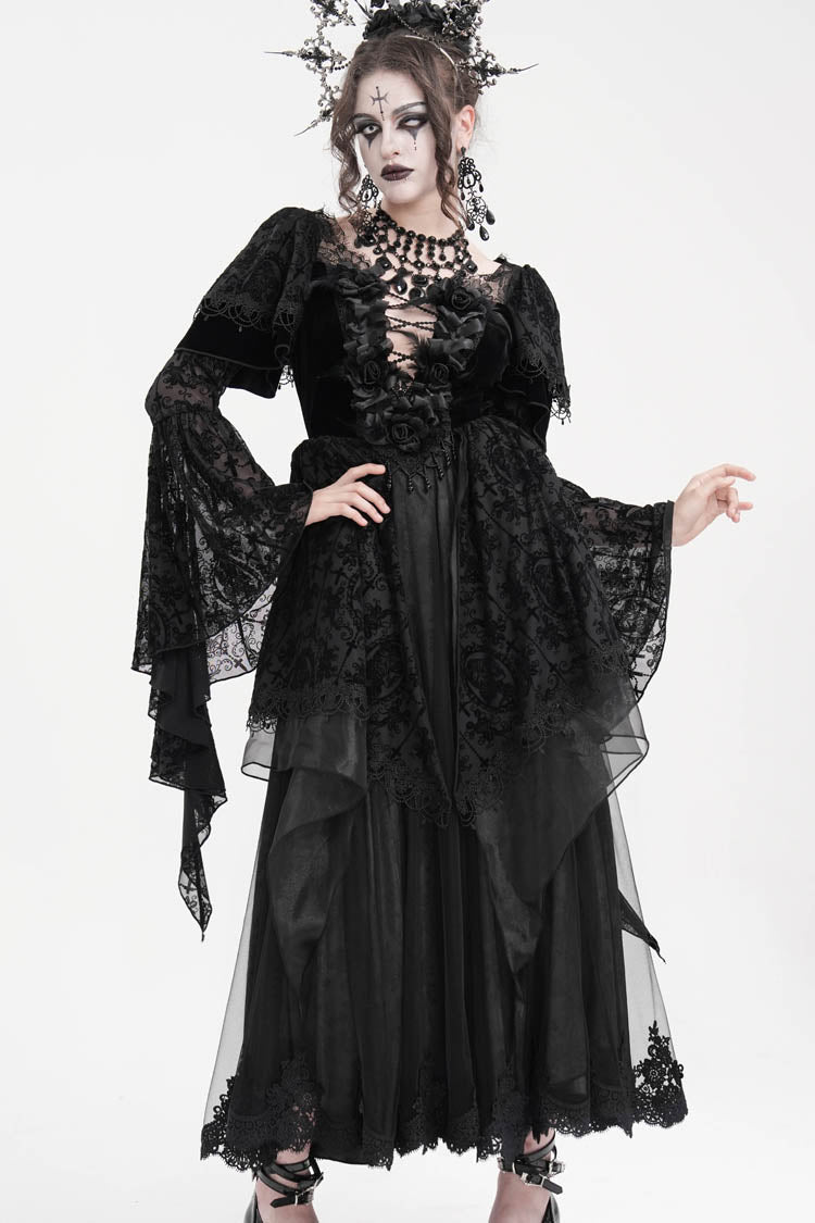 Black Crochet Long Sleeves Hanayome Lace Women's Gothic Dress