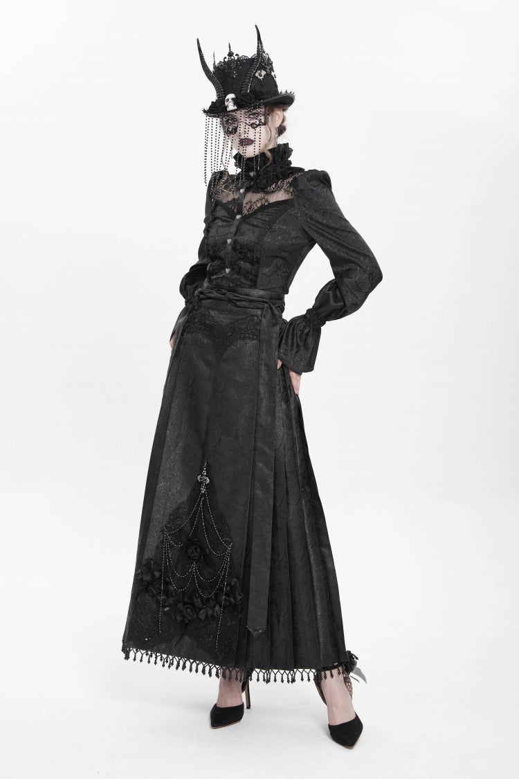 Black Floral Cross Embroidery Chain Women's Gothic Horse-face Long Skirt