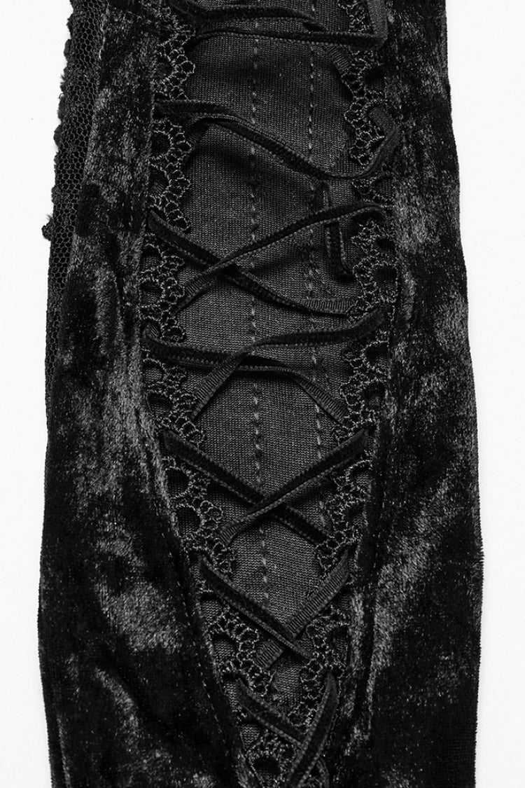 Black Floral Embroidery Lace-Up Women's Gothic Gloves