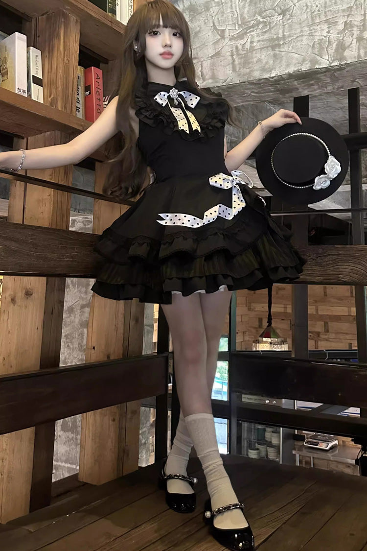 Black Multi-Layered Polka Dots Print Ruffle Bowknot Gothic Lolita Dress