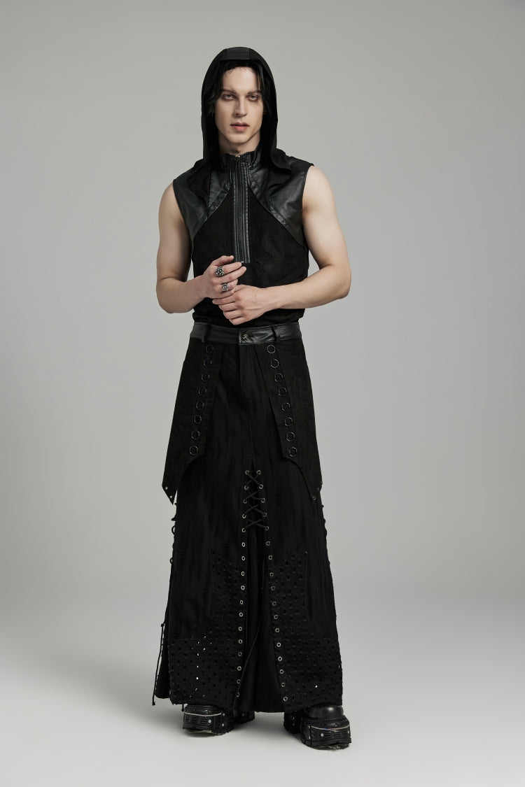 Black Lace-Up Ripped Eyelet Men's Punk Skirt