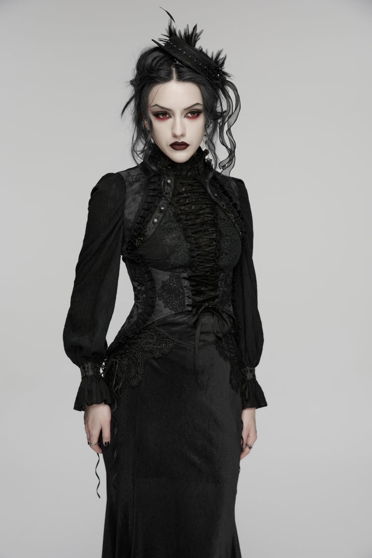Black Jacquard Embroidered Lace Lace-Up Slim Women's Gothic Vest