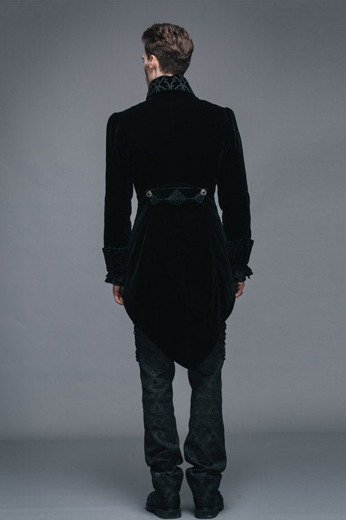 Black Embroidered Collar Long Sleeves Mens Velveteen Tuxedo Gothic Coat