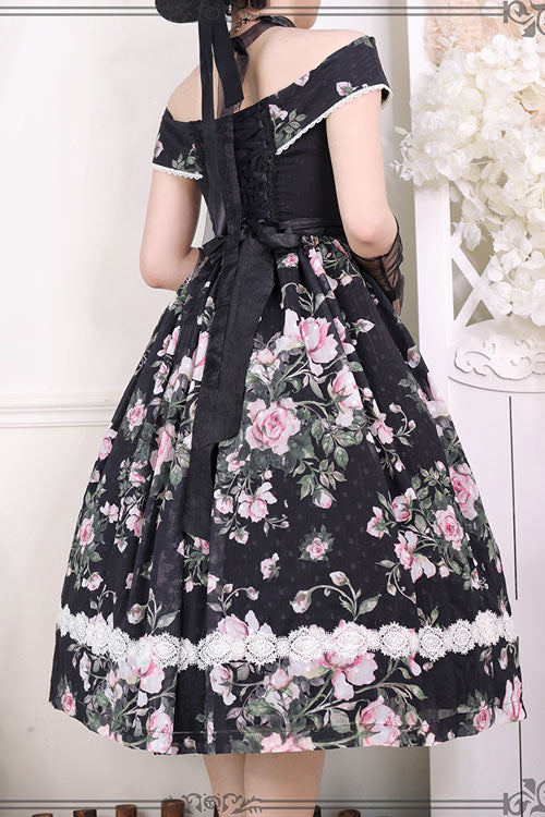 Black Elegant Vintage French Rose Floral Print V Collar Sleeveless Ruffled Classic Lolita JSK Dress