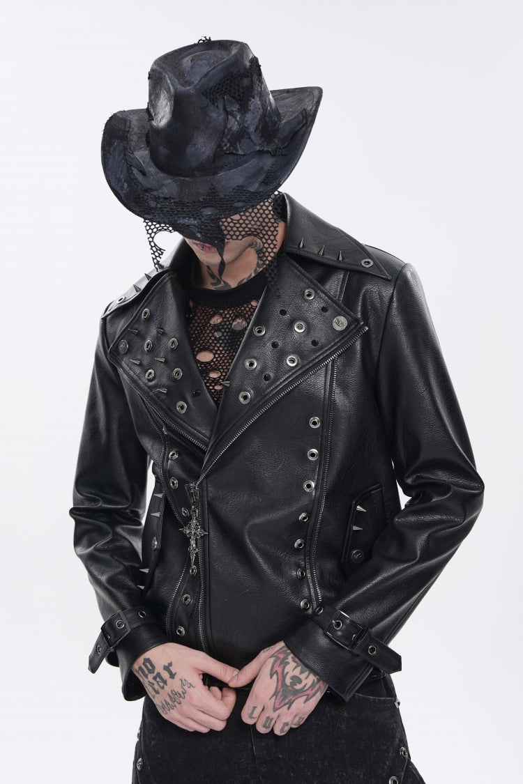 Black Lapel Collar Long Sleeves Studded Buckled Zippered Eyelet Women's Punk Jacket
