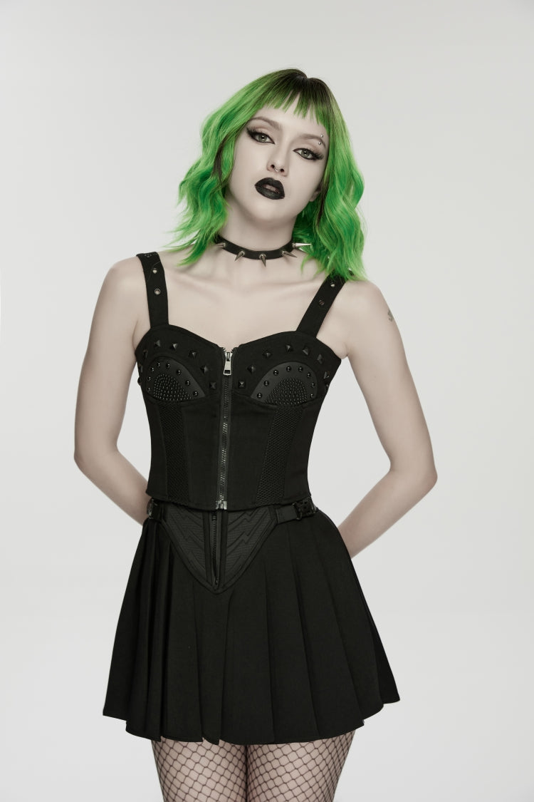 Black Lace-Up Slim Studded Zippered Eyelet Women's Punk Cool Corset