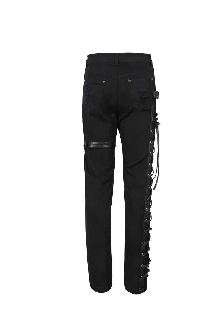 Black Metal Decorative Lace Up Leg Loops Long Men's Punk Pants