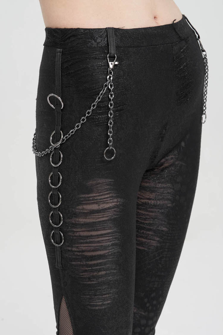 Black Knitted Fabric Detachable Chain Trim Irregular Semi-Perspective Knit Women's Punk Pants