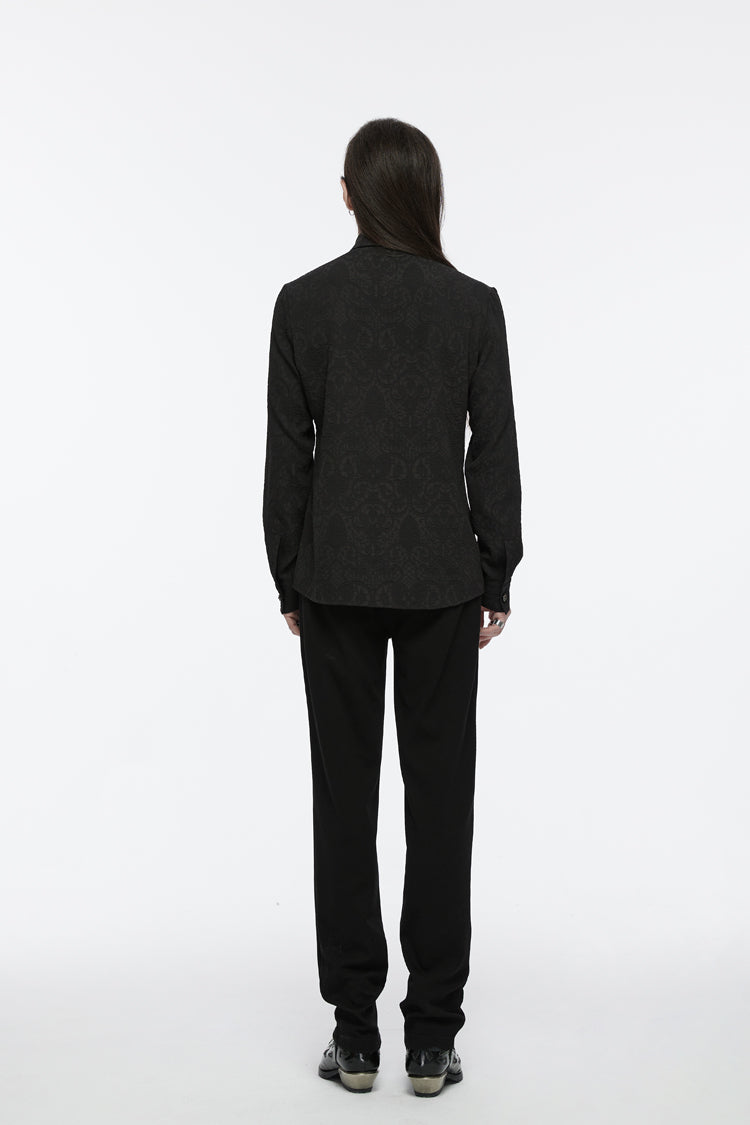 Black Lapel Collar Long Sleeves Jacquard Print Drawstring Lace-Up Men's Gothic Blouse