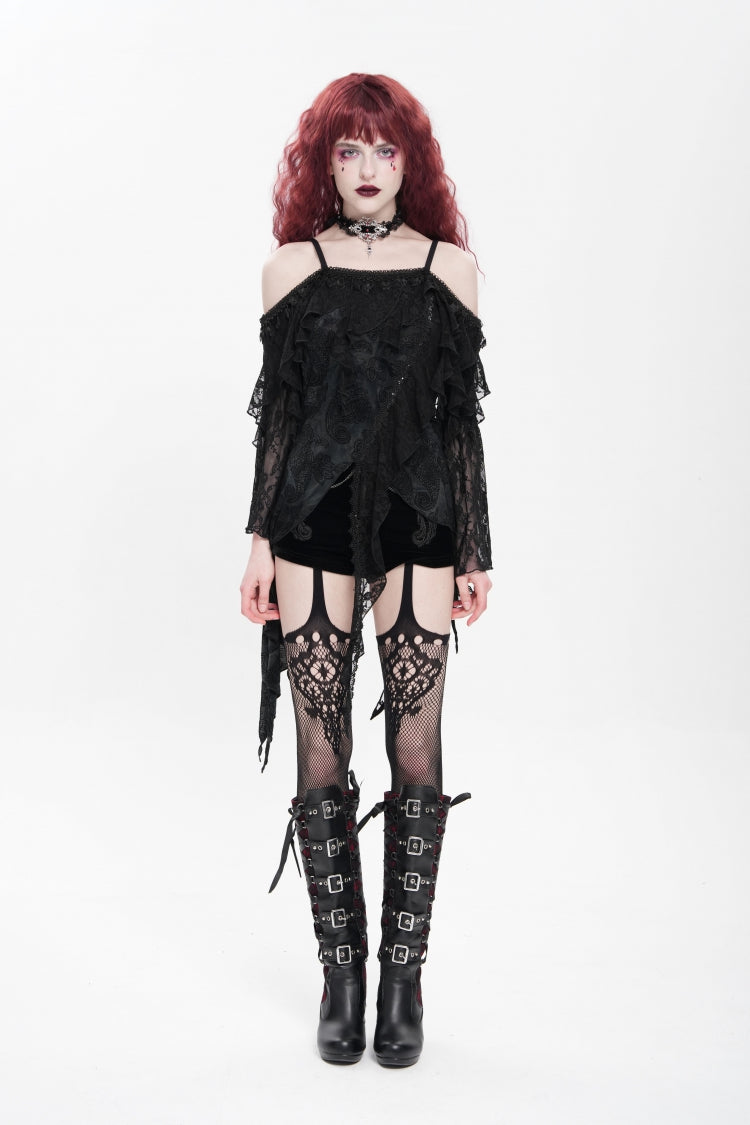 Black Off Shoulder Long Trumpet Sleeves Ruffle Women's Gothic Slip Blouse