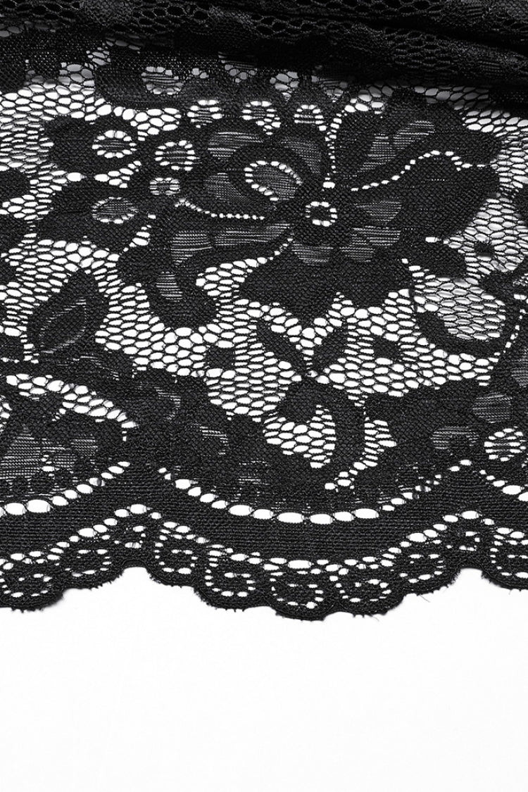 Black Embroidery Split Lace Women's Gothic Skirt with Studded Chain