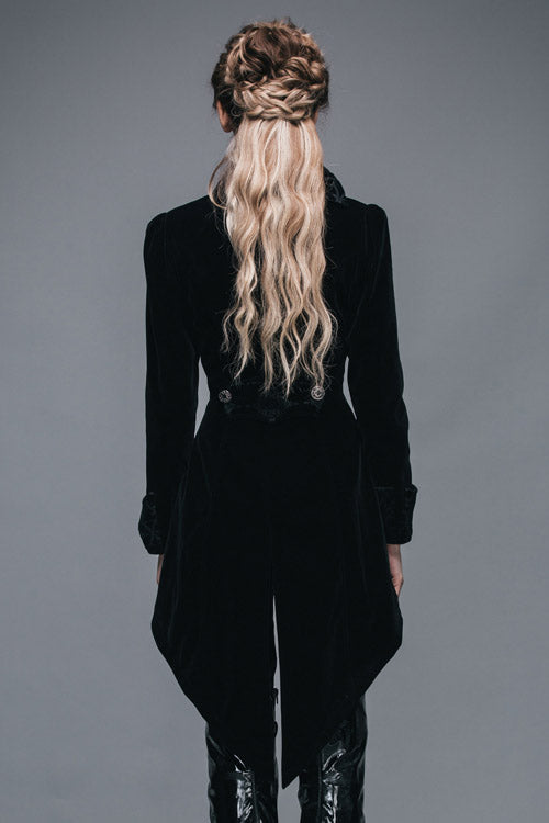 Black Embroidered High Collar Dovetail Velveteen Womens Gothic Coat