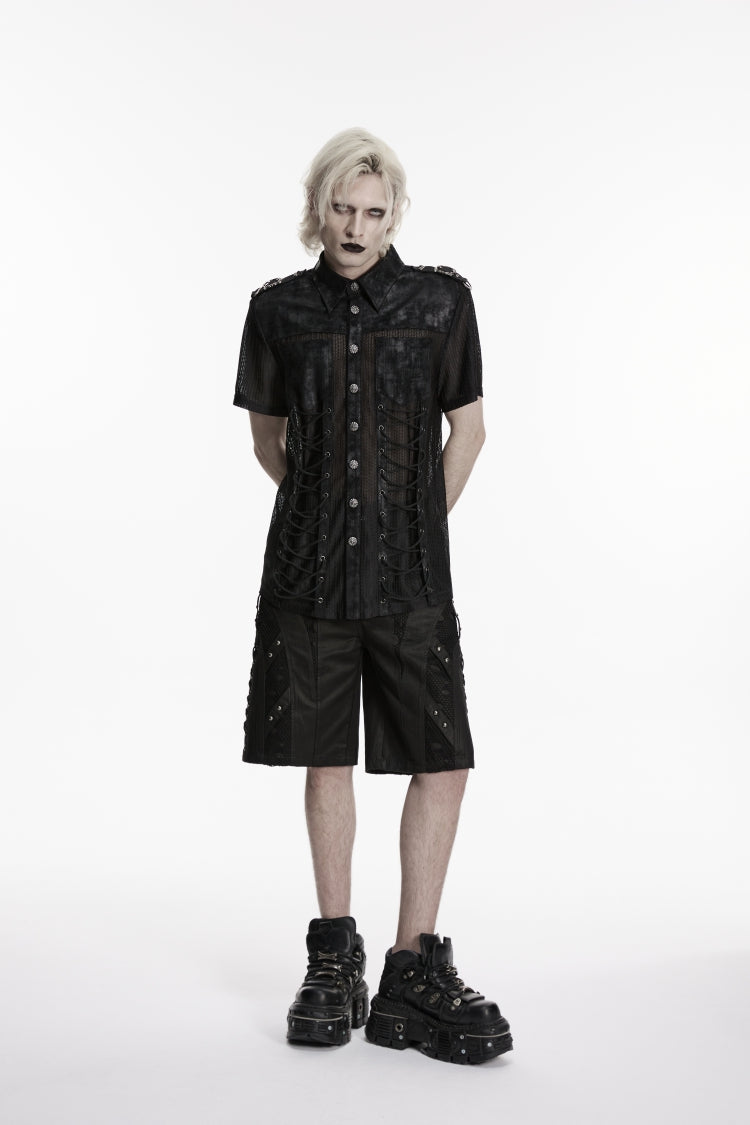 Black Lapel Collar Short Sleeves Spliced Lace-Up Sheer Mesh Eyelet Men's Punk Handsome Shirt