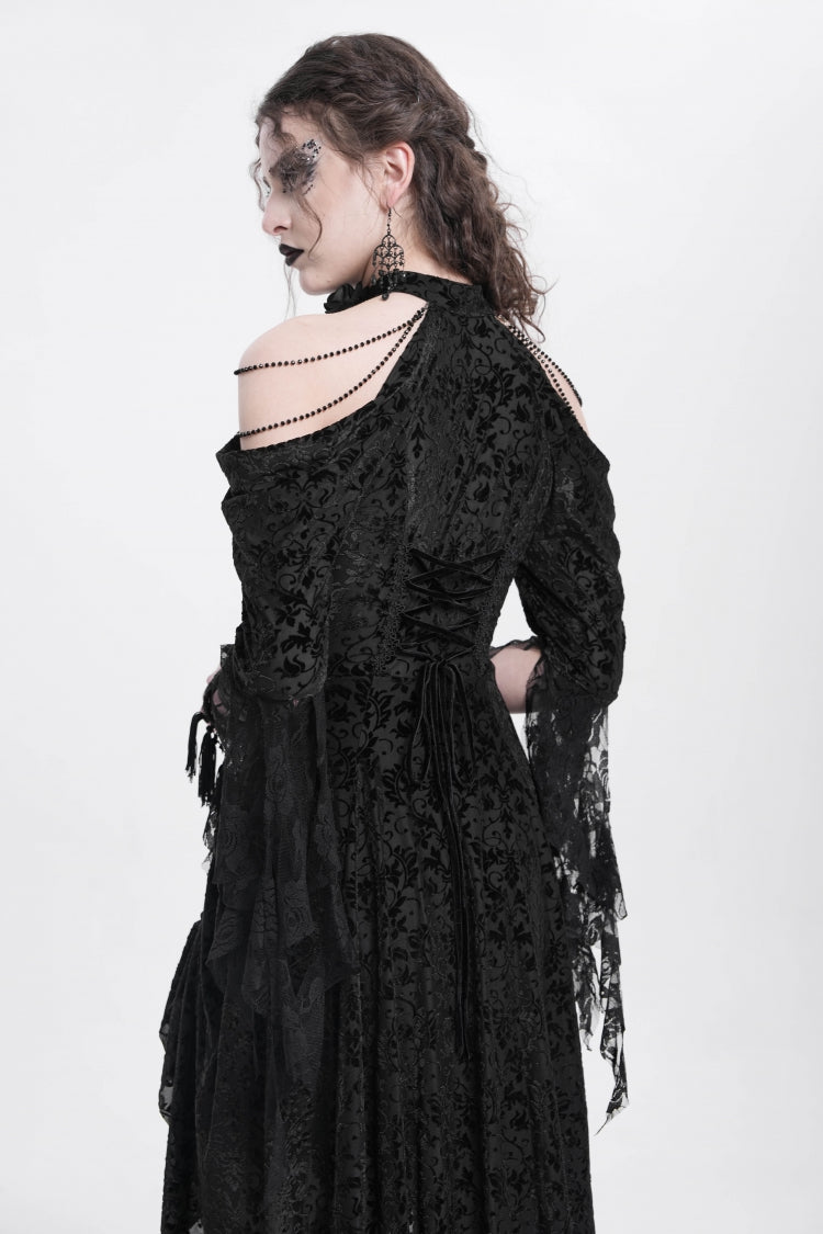 Black Off Shoulder Drawstring Jacquard Embroidery Women's Gothic Party Dress