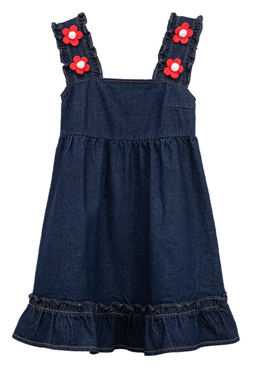 Black Denim Ruffled Strap With Flower Accessories High Waisted Sweet Lolita Strap Dress