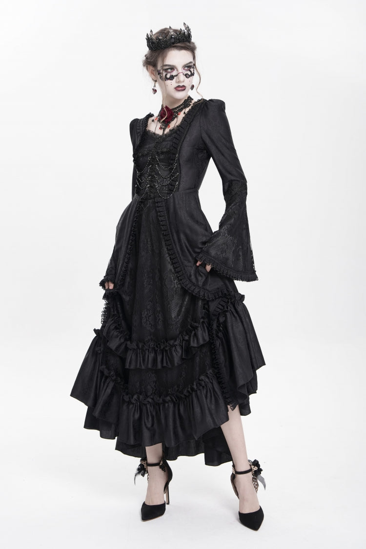 Black Long Sleeves Floral Embroidery Lace-Up Pleated Women's Gothic Dress