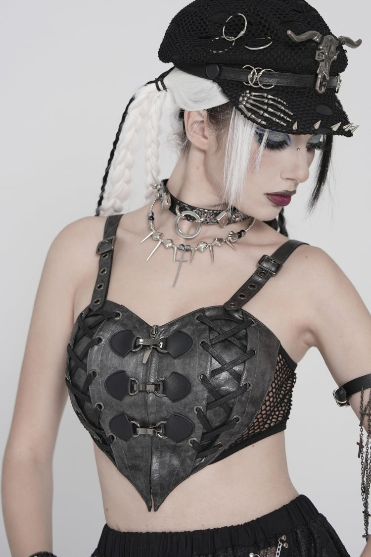 Black Lace-Up Slim Mesh Buckled Women's Punk Heart Corset