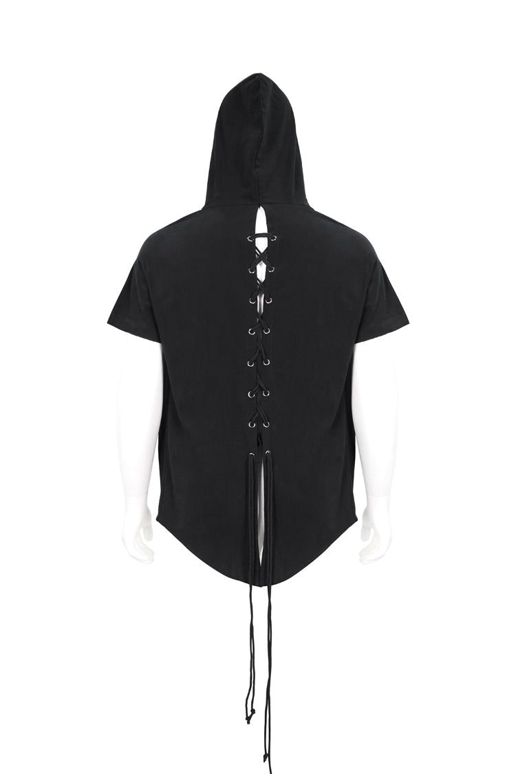 Black Hooded Mesh Splice Zipper Back Openwork Lace-Up Casual Short Sleeve Men's Punk T-Shirt