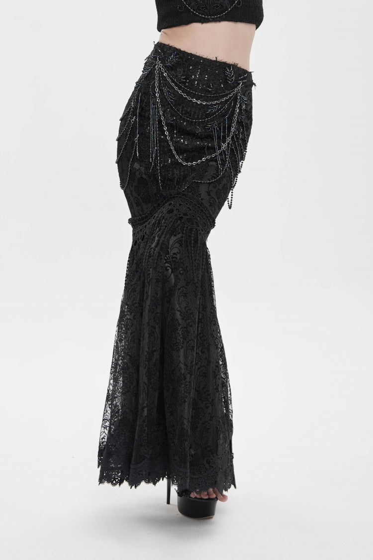 Black Double-Layered Embroidered Lace Slim Pearl-Decorated Women's Gothic Skirt