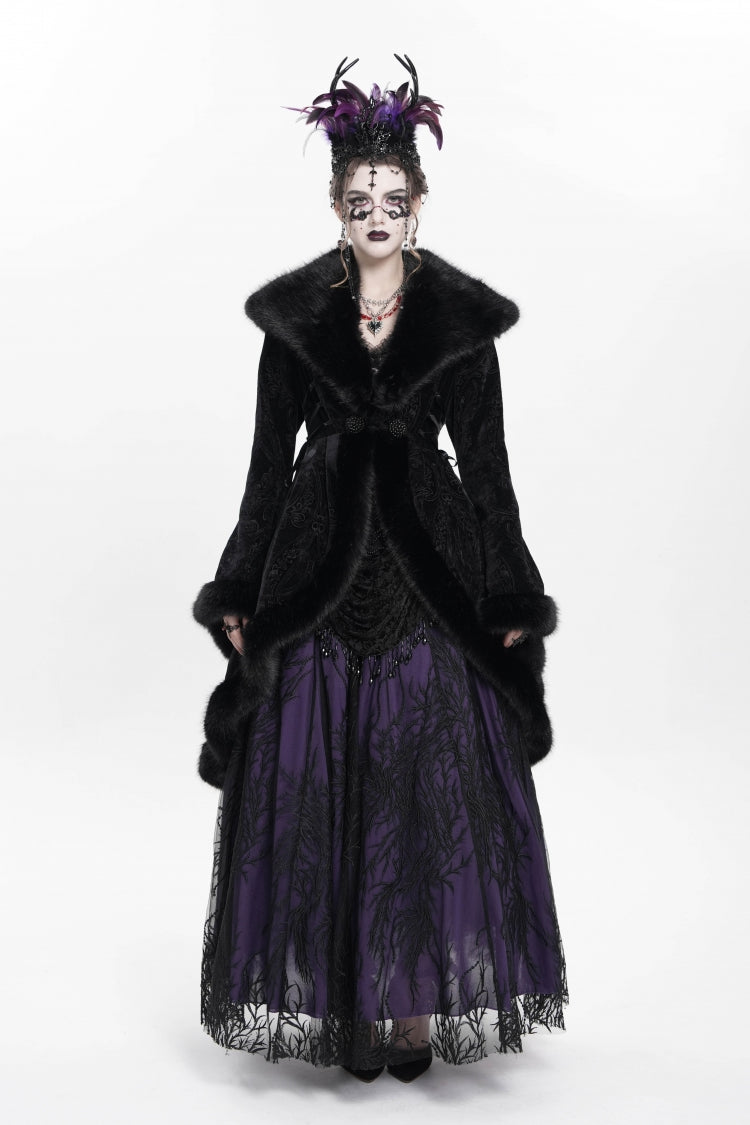 Black Long Sleeves Floral Embroidery Women's Gothic Fluffy Coat
