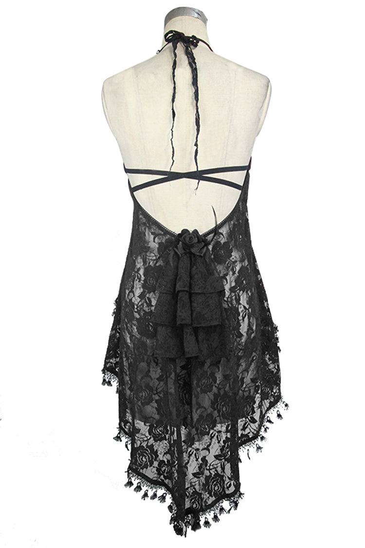 Black Frilly Tassel Hem Halter Lace Women's Gothic T-Shirt